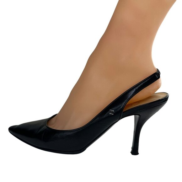 Chanel Shoes Slingback Heel Pumps Size 36/5.5 Black Leather Slip-On Pointed Toe - Picture 6 of 16